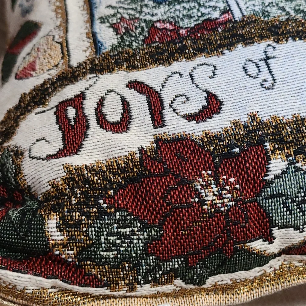 Christmas Throw Pillow Tree Scene Joy Season Burgundy Gold Lamé 12 x 16 Vintage